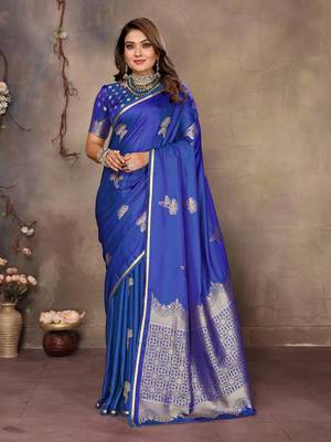 blue Satin silk floral motifs zari weaving banarasi saree 1