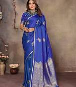 blue Satin silk floral motifs zari weaving banarasi saree