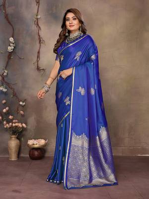 blue Satin silk floral motifs zari weaving banarasi saree 3