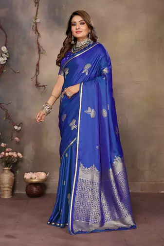 blue Satin silk floral motifs zari weaving banarasi saree