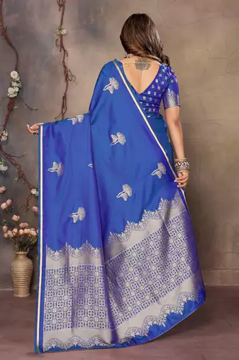 blue Satin silk floral motifs zari weaving banarasi saree