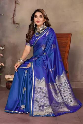 blue Satin silk floral motifs zari weaving banarasi saree