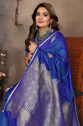 blue Satin silk floral motifs zari weaving banarasi saree