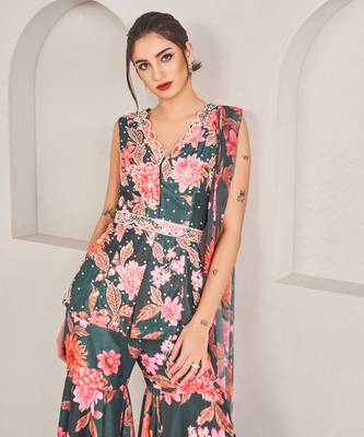 Emerald green embroidered floral printed sharara set 1