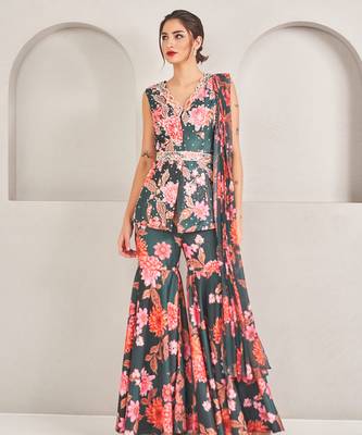 Emerald green embroidered floral printed sharara set 2