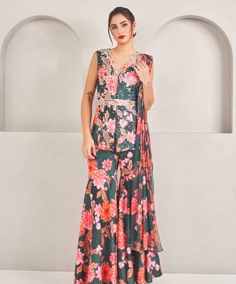 Emerald green embroidered floral printed sharara set 3