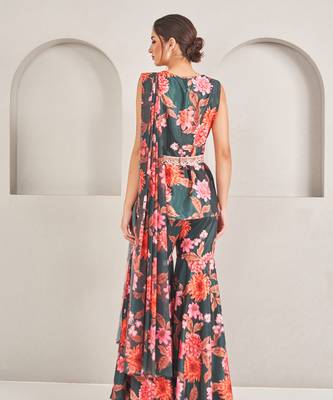 Emerald green embroidered floral printed sharara set 4