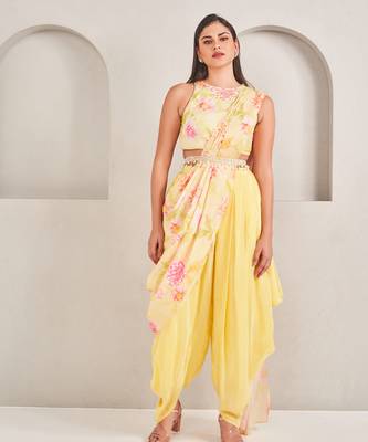 Yellow silk floral printed dhoti with blouse & attached drape 1