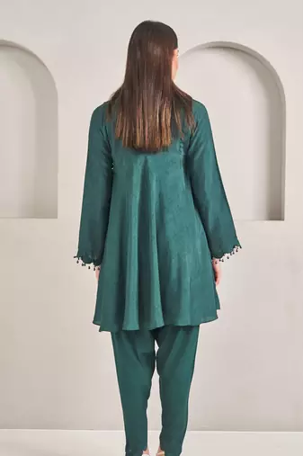 Emerald  green silk plain kurta with pant