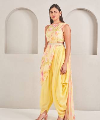 Yellow silk floral printed dhoti with blouse & attached drape 2