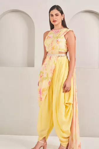 Yellow silk floral printed dhoti with blouse & attached drape