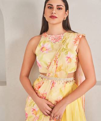 Yellow silk floral printed dhoti with blouse & attached drape 3