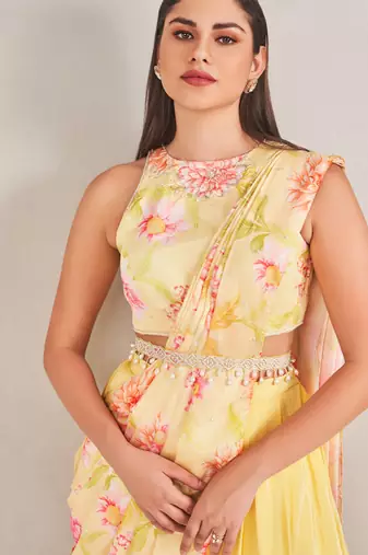 Yellow silk floral printed dhoti with blouse & attached drape
