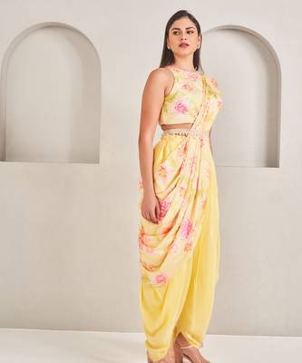 Yellow silk floral printed dhoti with blouse & attached drape 4