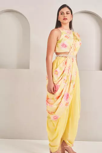Yellow silk floral printed dhoti with blouse & attached drape