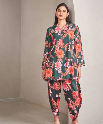 Emerald  green satin floral printed kurta with pant 1