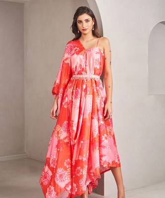 Coral satin floral printed gown 1