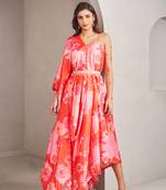 Coral satin floral printed gown