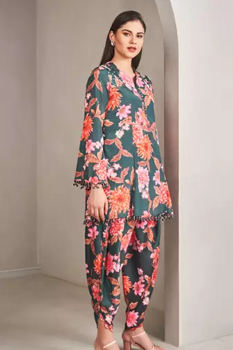 Emerald  green satin floral printed kurta with pant