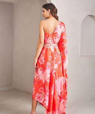 Coral satin floral printed gown 2