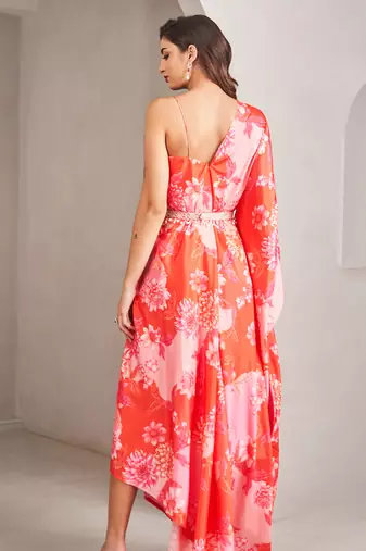 Coral satin floral printed gown