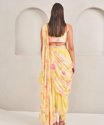 Yellow silk floral printed dhoti with blouse & attached drape 5