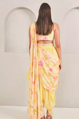 Yellow silk floral printed dhoti with blouse & attached drape