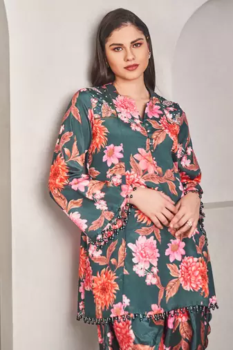 Emerald  green satin floral printed kurta with pant