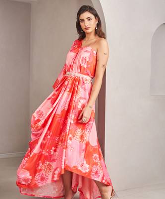 Coral satin floral printed gown 3