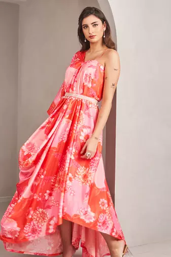 Coral satin floral printed gown