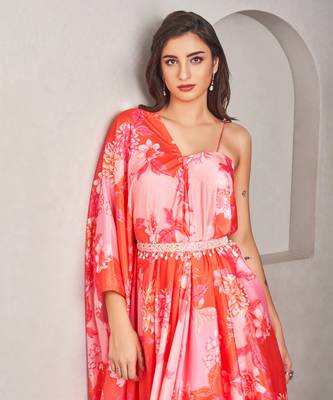 Coral satin floral printed gown 4