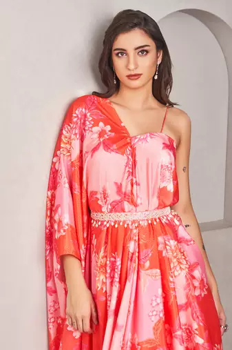 Coral satin floral printed gown