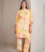 Yellow satin floral printed kurta with pants
