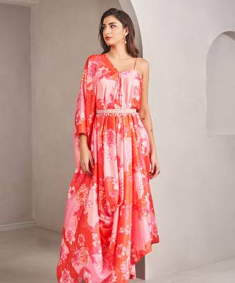 Coral satin floral printed gown 5