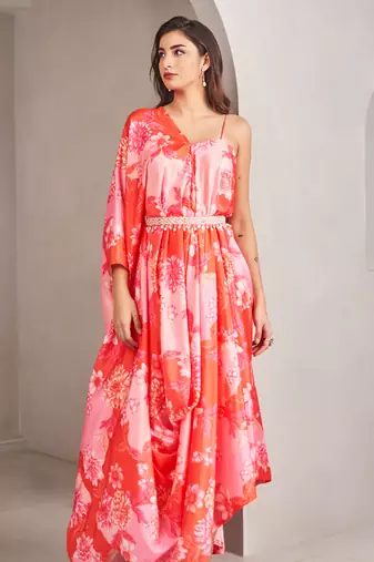 Coral satin floral printed gown
