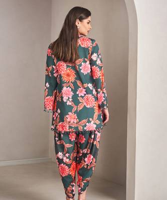 Emerald  green satin floral printed kurta with pant 4