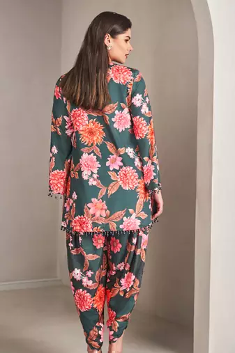 Emerald  green satin floral printed kurta with pant
