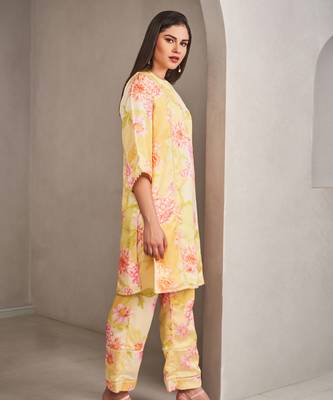 Yellow satin floral printed kurta with pants 2