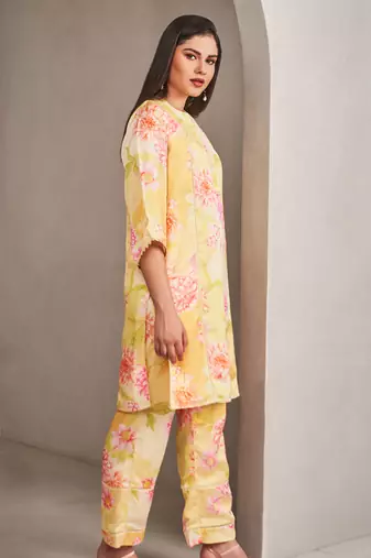 Yellow satin floral printed kurta with pants