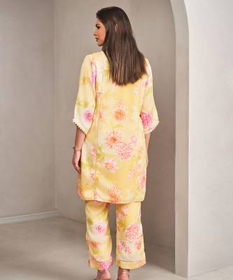 Yellow satin floral printed kurta with pants 3