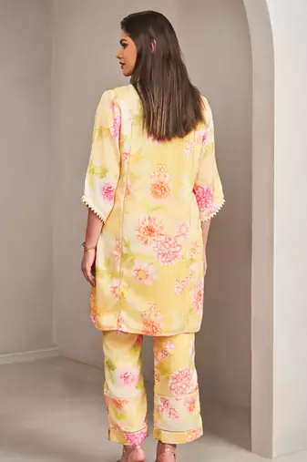 Yellow satin floral printed kurta with pants