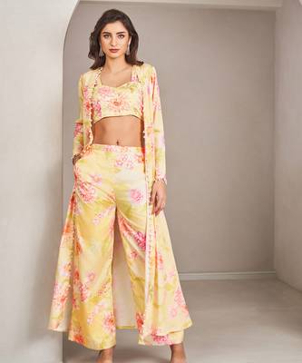 Yellow satin floral printed jacket set 1