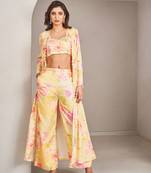 Yellow satin floral printed jacket set