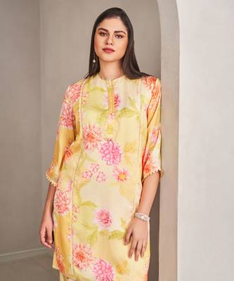 Yellow satin floral printed kurta with pants 4
