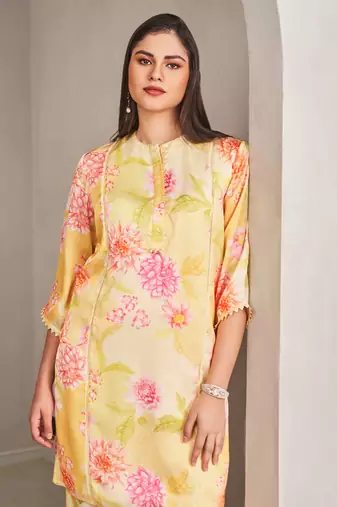 Yellow satin floral printed kurta with pants