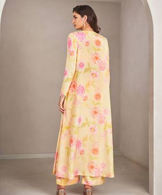 Yellow satin floral printed jacket set 2