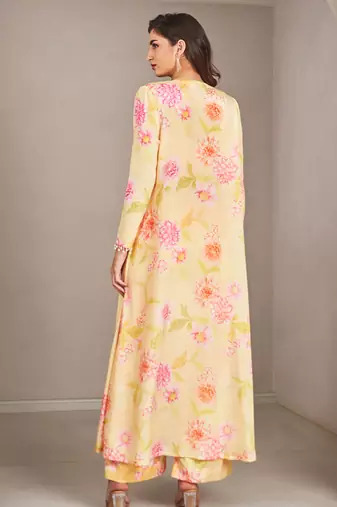 Yellow satin floral printed jacket set