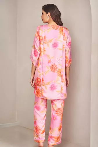 Lavender satin floral printed kurta with pant