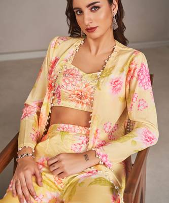 Yellow satin floral printed jacket set 3