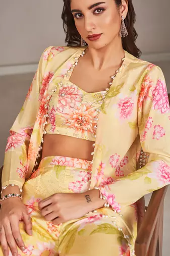 Yellow satin floral printed jacket set